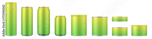 Set of yellow and green tin cans and jars. Coffee or tea canister. Tin can for preserves or pet food. Beer, cocktail or soda can. Chips tube. Cookie jar. Round box for sugar or flour. Gradient colors