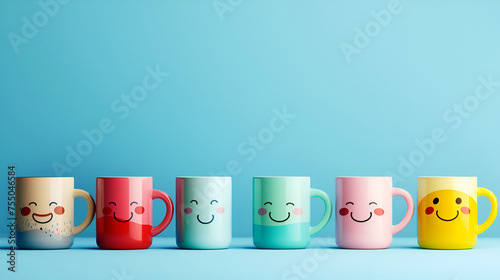 Coffee mugs with smiling faces with blue background