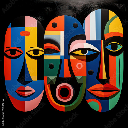 Bold cubist painting featuring complex faces with a medley of vibrant hues
