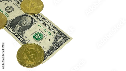 US one-dollar bill with Bitcoin coins on top, highlighting the contrast between traditional fiat and digital cryptocurrency, PNG transparent white background, use in finance-related content. photo