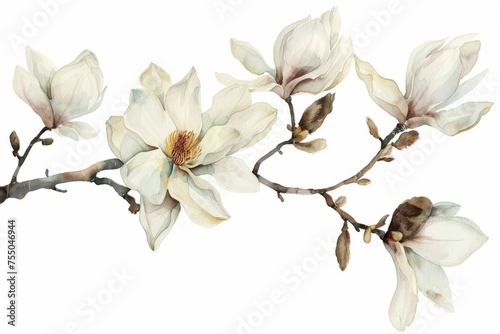 Fototapeta Naklejka Na Ścianę i Meble -  Watercolor illustration of a branch of a blooming Magnolia on a white background, spring flowers