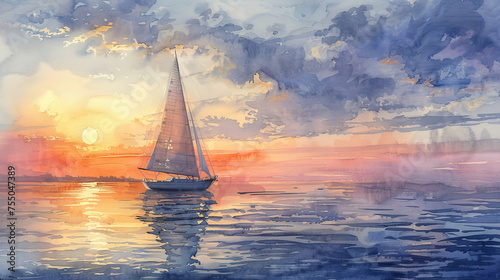 a painting of a sail boat on calm waters