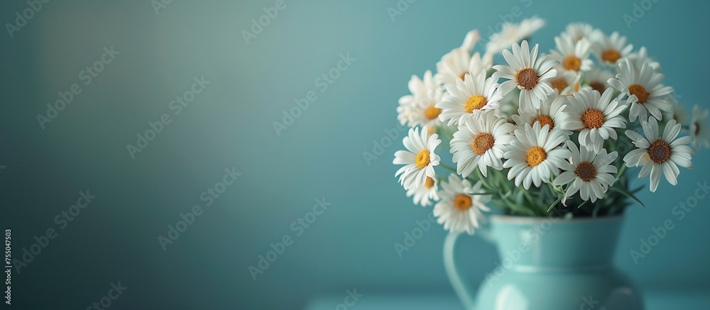 Blue vase with white daisies on empty teal wall background with copy space.