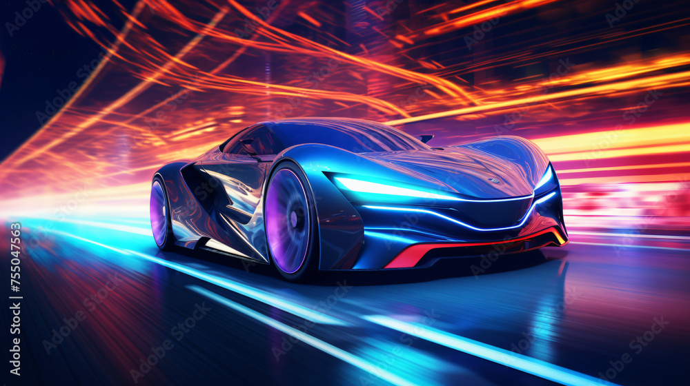 Futuristic Sports Car On Neon Highway speed race