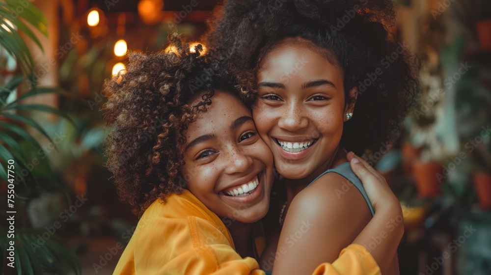 caring african american mother hugging teenage daughter enjoy moment of love motherhood concept   - obrazy, fototapety, plakaty 