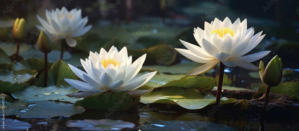 A cluster of white lotus flowers blooming in a pond, creating a serene natural landscape with their delicate petals floating on the water