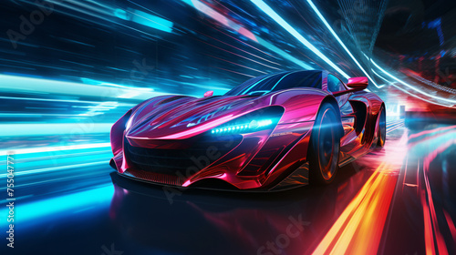 Futuristic Sports Car On Neon Highway speed race