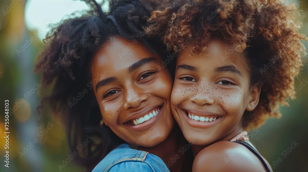 african american woman hugging her smiling teen daughter family love single parent child concept   - obrazy, fototapety, plakaty 