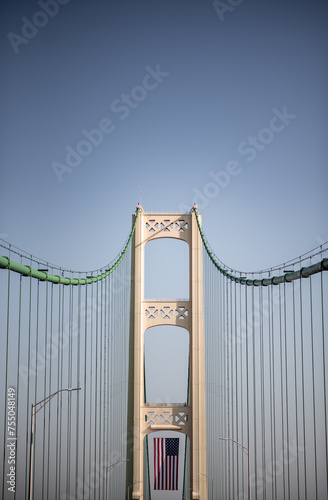 Mackinaw bridge with US flag