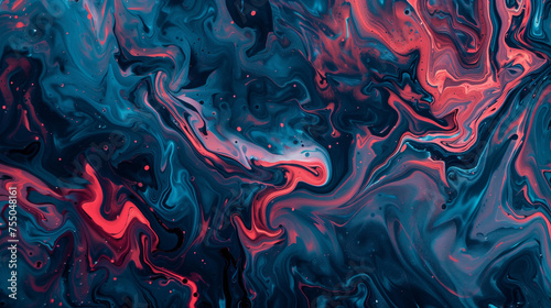 Abstract fluid art background, dark blue and red colors, with some small neon pink accents in the style of no artist. 