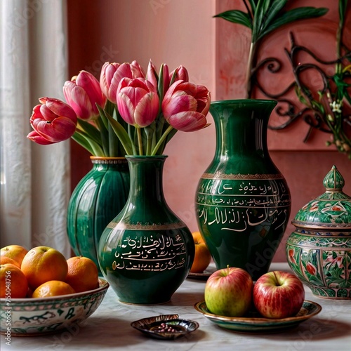 Bright celebration of Nowruz with traditional decoration on the table