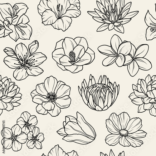 Line art garden flowers background. Botanical illustration