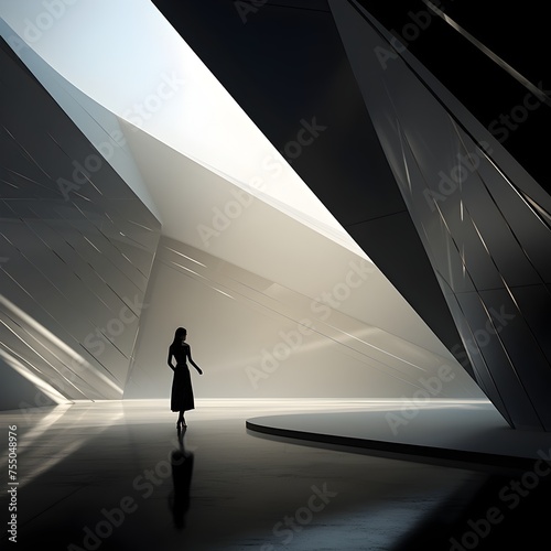 Girl in Modern Attire Elegantly Poses in Open Futuristic Space with High-Contrast Lighting