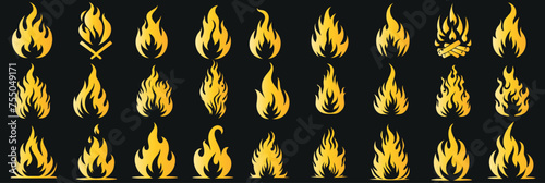 Fire, flame vector icons set, ideal for web, logo, app UI design. Modern style, scalable fire graphics on black background
