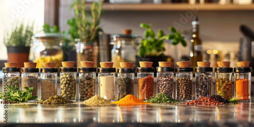 Row of glass spice jars with various herbs and spices arranged neatly on a modern kitchen countertop