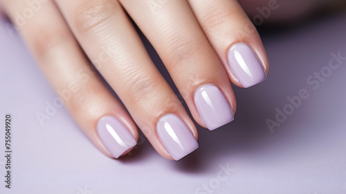 Woman hand with lavender color nail polish on her fingernails. Purple nail manicure with gel polish at luxury beauty salon. Nail art and design. Female hand model. French manicure. Generative AI.