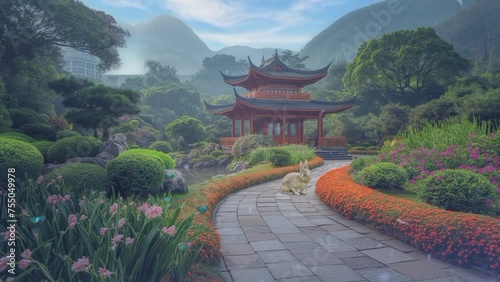 Tranquil scene of a flower garden surrounding a serene Chinese temple, with butterflies and rabbits frolicking amidst the picturesque mountains..seamless looping time-lapse animation video background photo