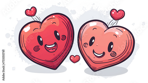 Cute heart emoji. Smiling face icon kawaii concept. Pair of red hearts with wings with cute smile. Cheerful cartoon funny face illustration. Japanese culture symbol anime innocence childishness love photo