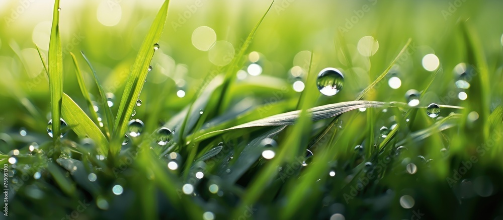 A macro photograph capturing the beauty of water drops on a field of grass, showcasing the moisture that sustains this terrestrial plant in the grass family