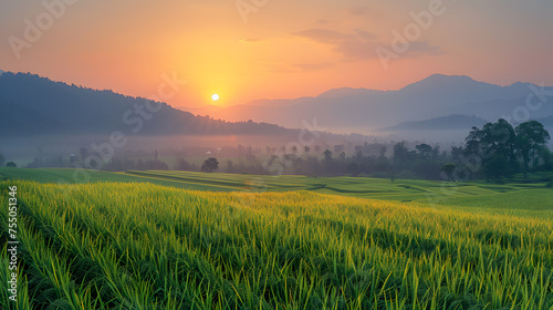 A photo of the Chiang Mai rice fields, with a serene sunrise as the background