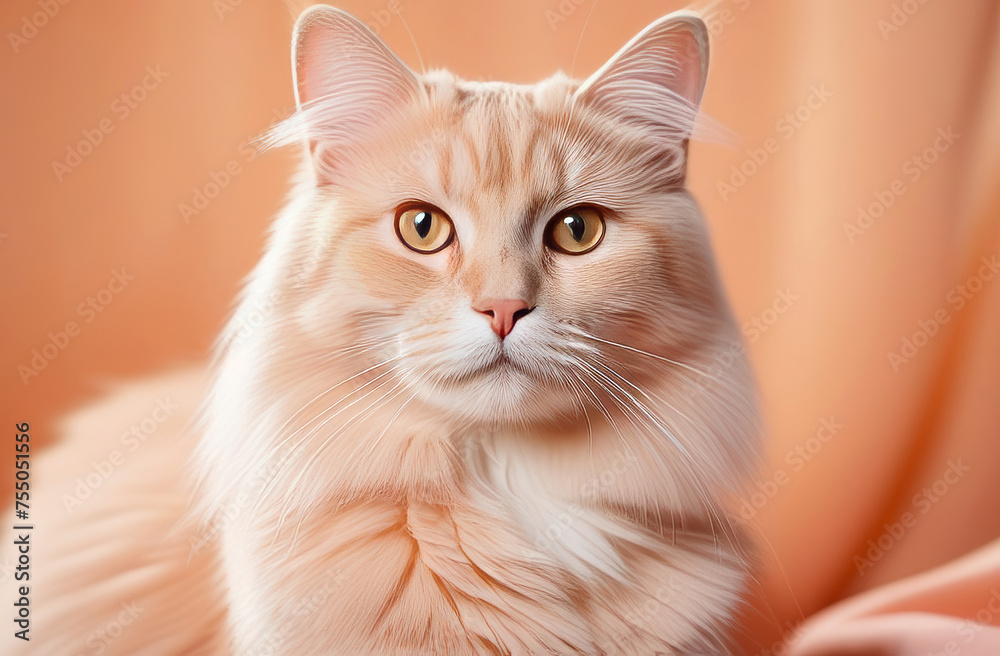 Portrait of a beautiful fluffy peach-colored cat. Close-up, looking at the camera. Shade of delicate Pantone peach.