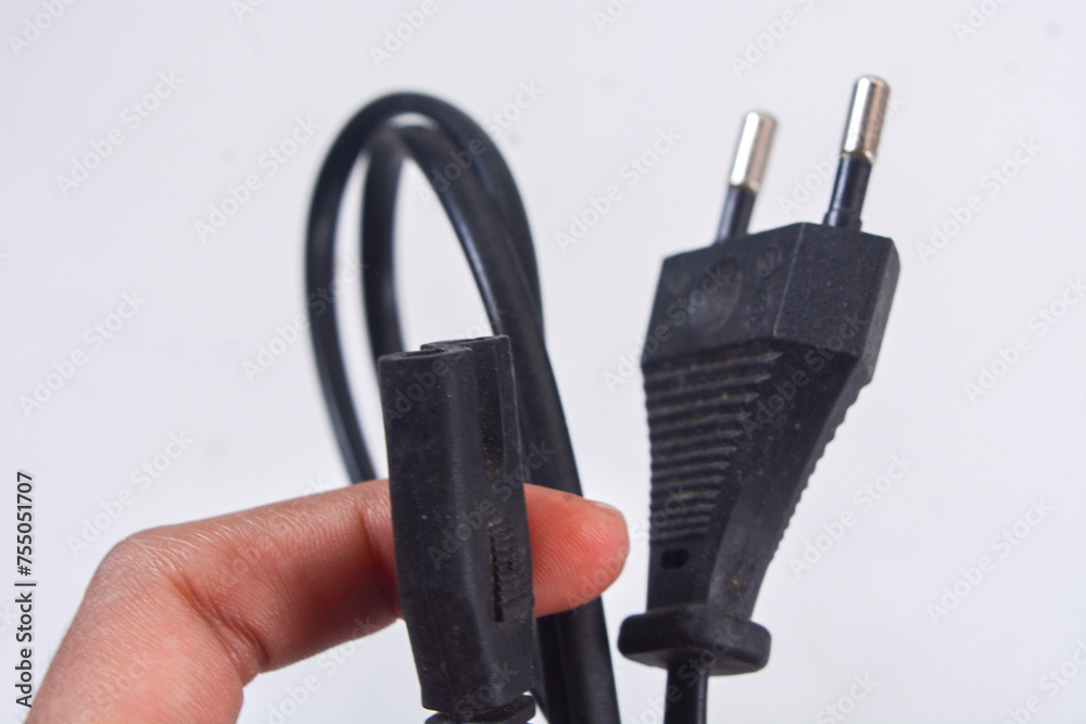 Black wire cable of usb and adapter isolated on white background.Electronic Connector.Selection focus.