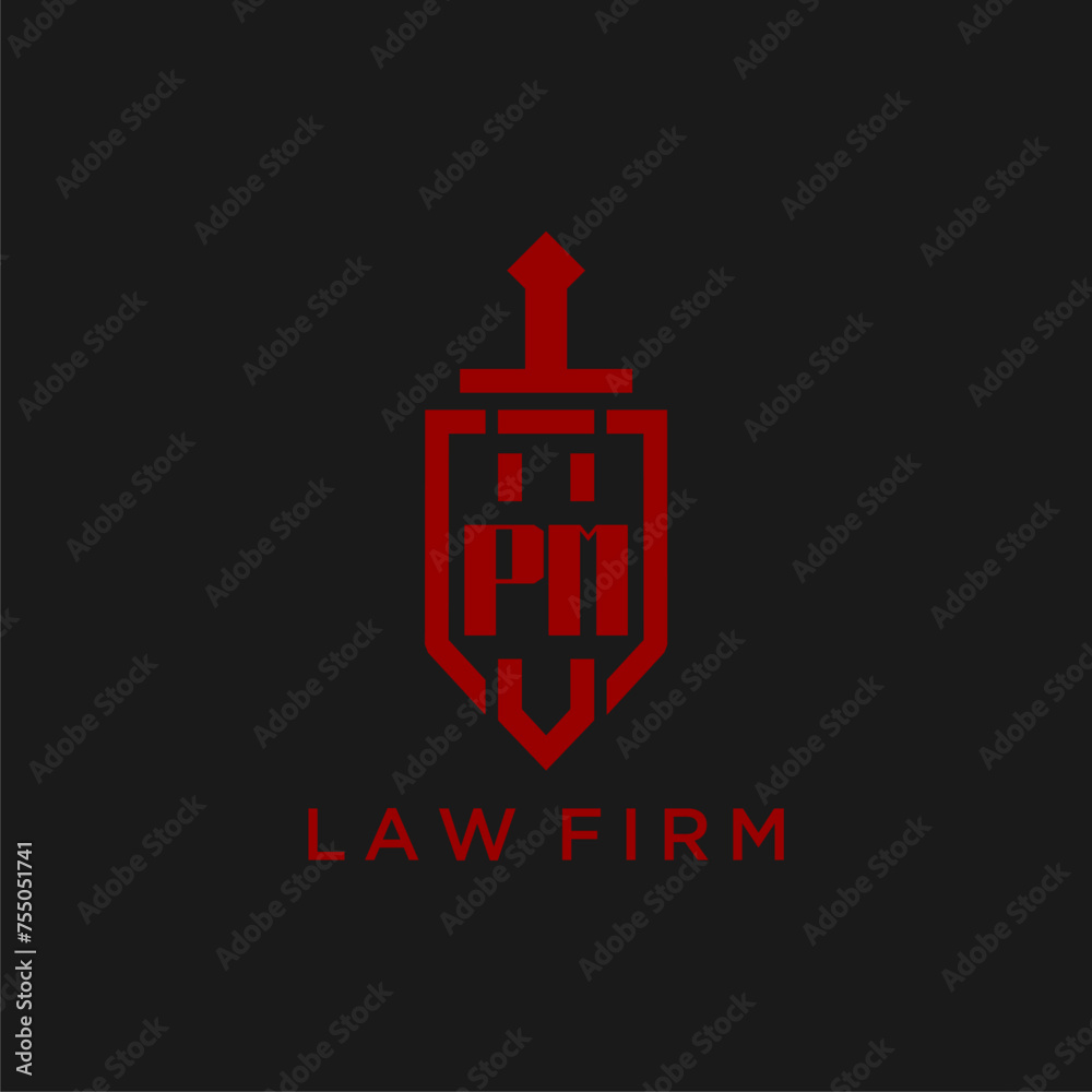 PM initial monogram for law firm with sword and shield logo image