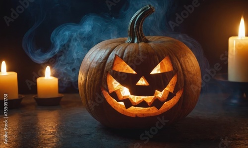 A scary pumpkin lantern with evil grin for Halloween.