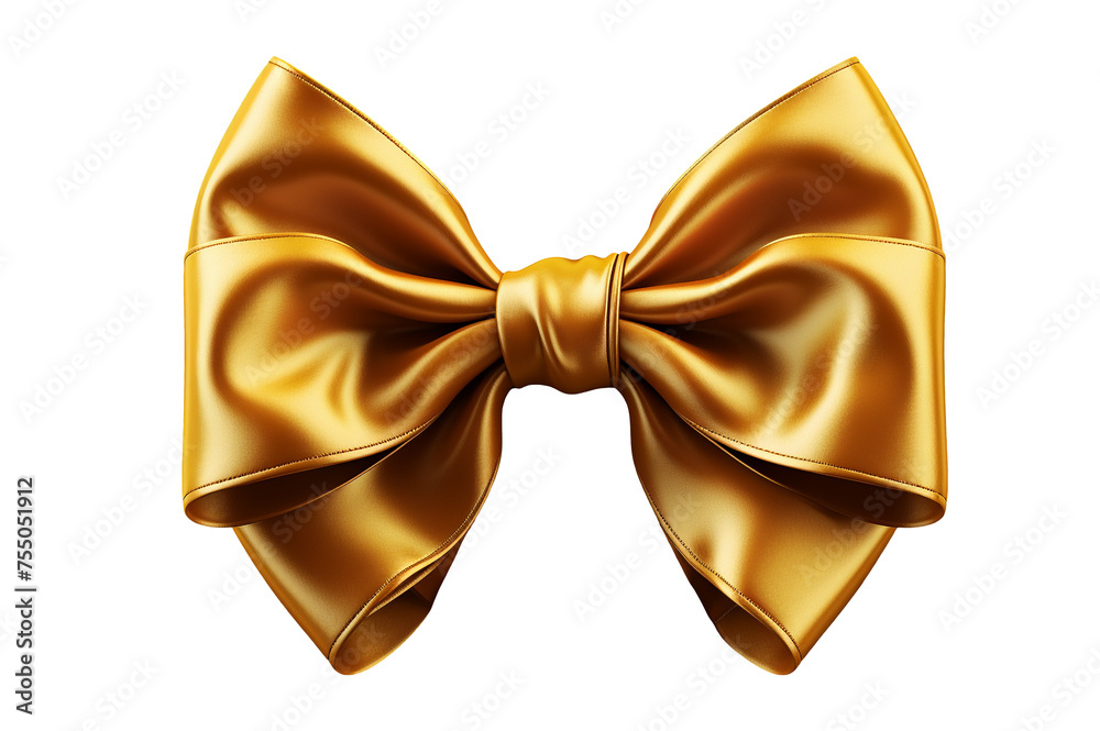 A luxurious golden bow elegantly displayed on a clean white background, showcasing its intricate design and shiny finish.