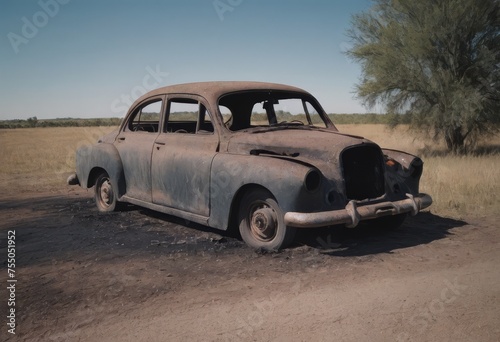 A burnt-out car. Car old burned by fire. Fire burned car.