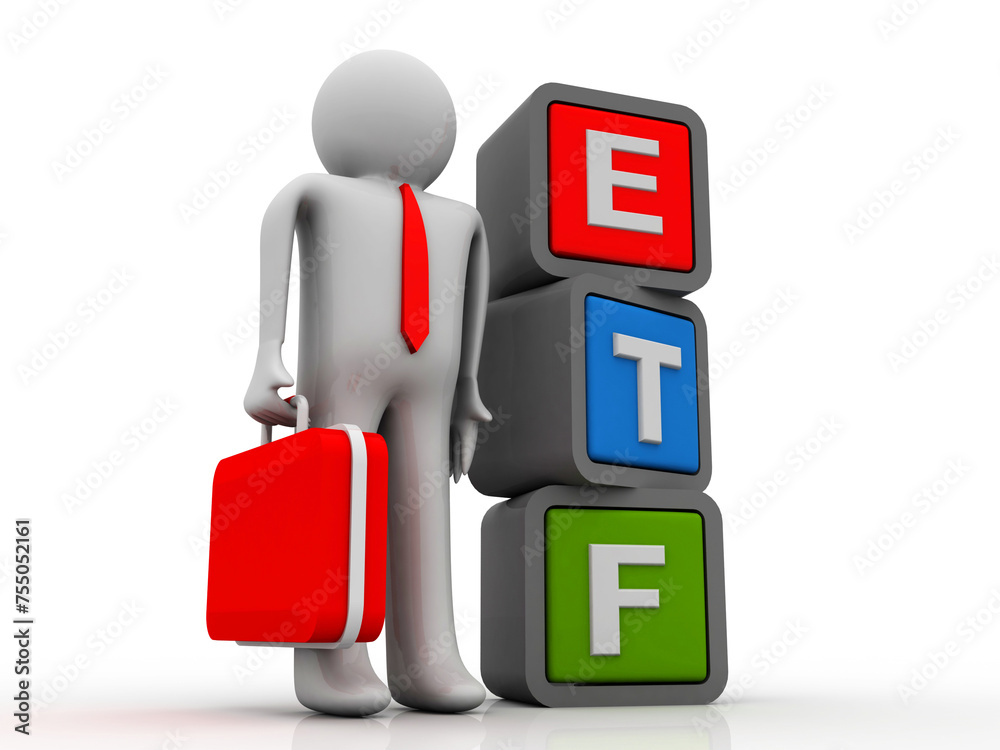 3d illustration Exchange Traded Fund near business man 3d illustration Exchange Traded Fund near business man