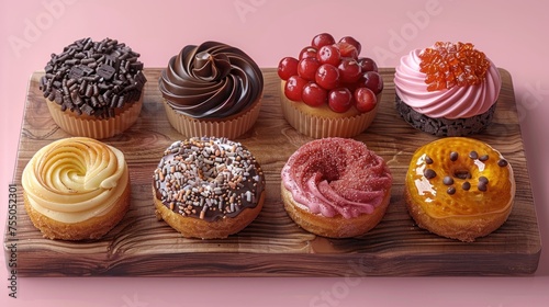 A Delectable Assortment of Gourmet Cupcakes on a Wooden Platter