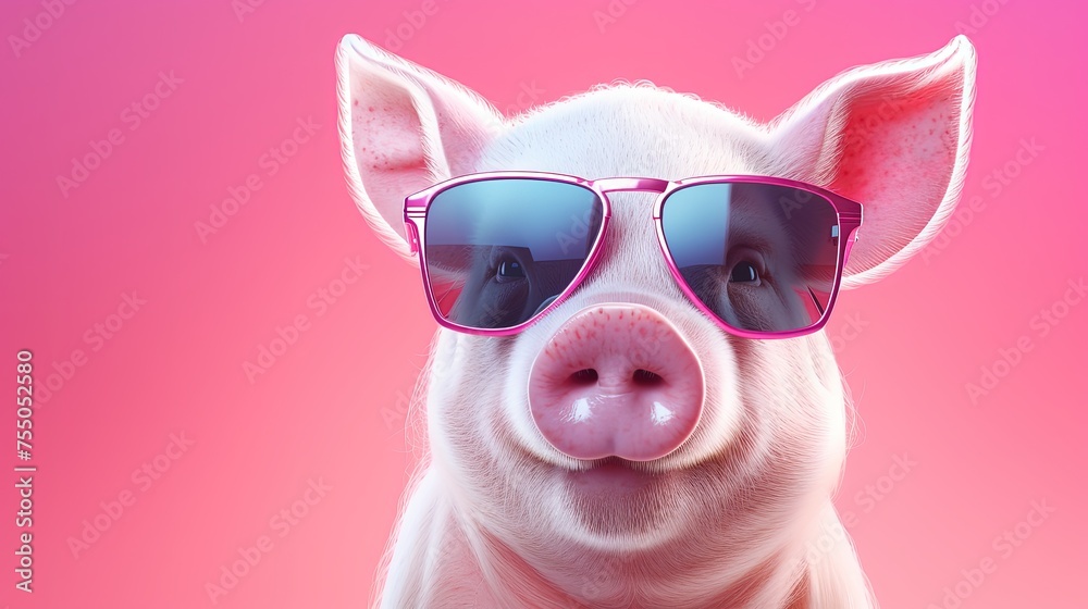 Fototapeta premium pig with sunglasses on pink background