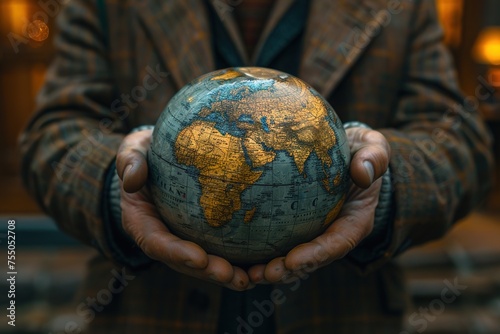 In a powerful image, a businessman holds a globe, reflecting the global perspective and strategic thinking essential in today's business landscape