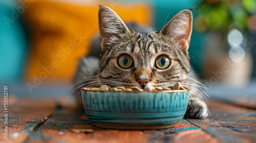 The cat tries to bury the bowl with food, lack of appetite. Made with generative ai
