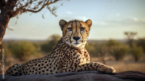 Close-up of cheetah in the African savannah looking at the camera while lying behind a tree. Wildlife of Africa. Predator. Generated by AI