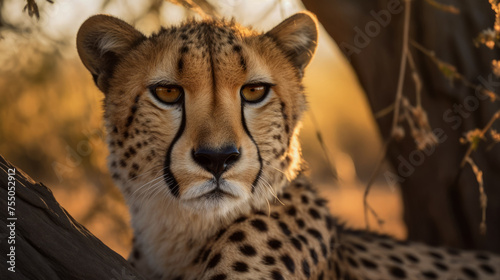 Close-up of cheetah in the African savannah looking at the camera while lying behind a tree. Wildlife of Africa. Predator. Generated by AI