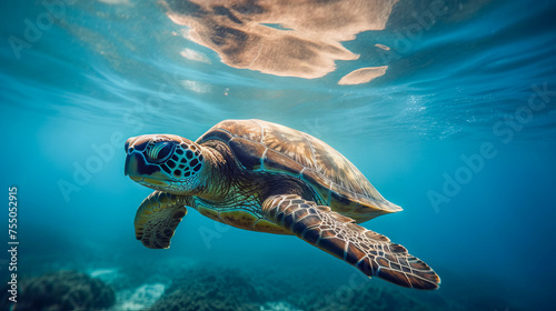 Sea turtle underwater  blue clear water  sun s rays make their way through water. Underwater world. Sea inhabitants. Generated by AI