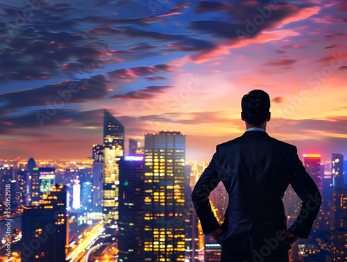 Businessman stands facing a vibrant cityscape at dusk