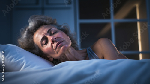 Stressed sad tired exhausted caucasian middle-aged mature woman suffering from hot flash in bed. Menopause, night sweat. 

