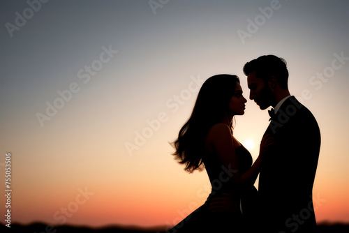 silhouette of a man and a woman in love hugging each other, against the background of the sunset