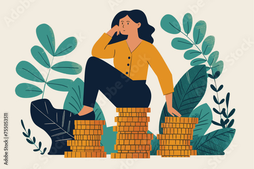 An illustration of a woman sitting on a pile of coins. Money and finance concept