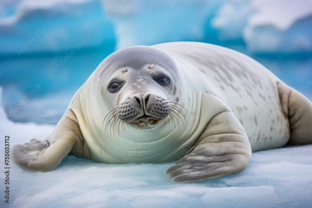 Fototapeta premium An Arctic seal rests peacefully on an ice floe amidst a serene glacial background, embodying the tranquility of its polar habitat.