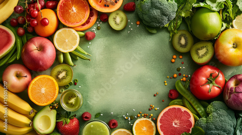 Fresh fruits and vegetables frame a green textured background with space for content photo