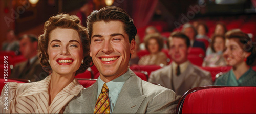 A charming couple from a bygone era enjoys a cinematic adventure, their beaming smiles capturing the timeless allure of a classic movie date in a theater of red velvet seats
