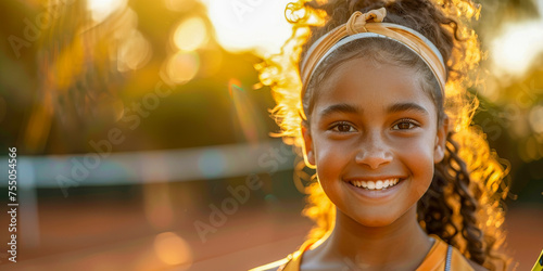 A young girl stands on an outdoor tennis court, holding a tennis racket and smiling at the camera.