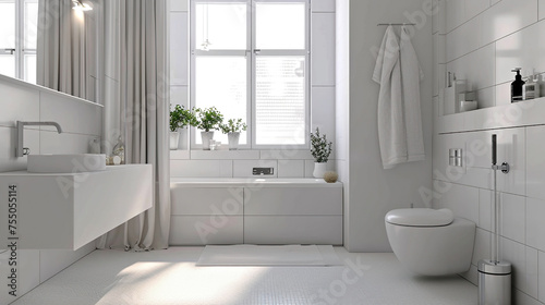 Sun-drenched bathroom with white subway tiles  toilet and sink next to a potted plant. Interior design  cozy lifestyle