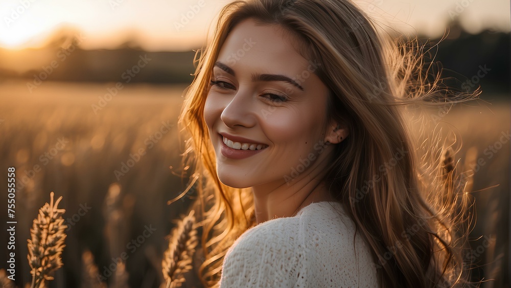 Golden Hour Serenity: Captivating Portrait of a Calm and Happy Girl at Sunset Golden Hour Serenity: Captivating Portrait of a Calm and Happy Girl at Sunset