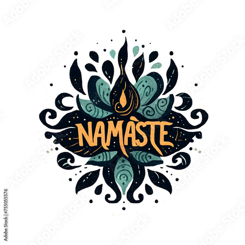 A colorful design with the word Namaste written in yellow. The design features a flower and a candle