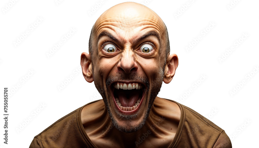 Excited bald man with wide eyes and open mouth on transparent background.
